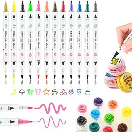 Edible Markers for Cookies Food Coloring Pens 12Pcs,Dual Sided Edible Pens with Fine&Thick Tip,Edible Gourmet Writers Food Grade Decorating Pens for Fondant,Desserts,Frosting,Macaron,Easter Eggs,Cake