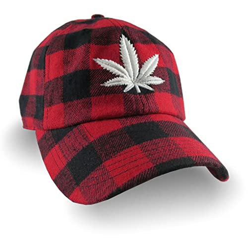 Cannabis Pot Leaf 3D Puff White Embroidery on Red Black Buffalo Check Lumberjack Plaid Soft Structured Fashion Baseball Cap Dad Hat Style