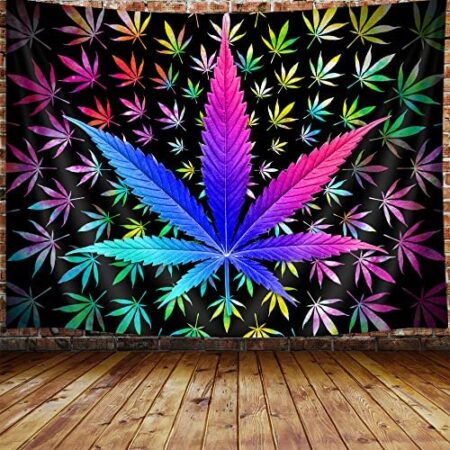 Cool Trippy Weed Tapestry, Neon Tie Dye Marijuana Leaf Cannabis Art Tapestry Wall Hanging for Men Bedroom, Colourful Blacklight Tapestries Poster Blanket College Dorm Home Decor (60X40)