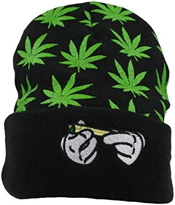 Weed Marijuana Acrylic Beanie Hat ，Leaf Pot Cuffed Knit Winter Weed Beanie Hat Mens Women